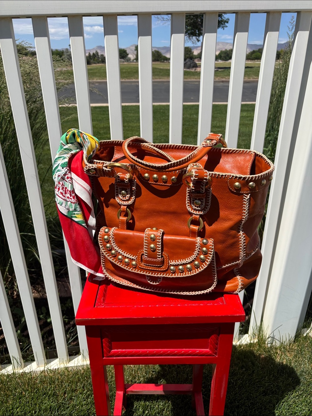 Isabella Fiore Leather Stiched Lrge Satchel, Vintage Panama Scarf, Gorgeous